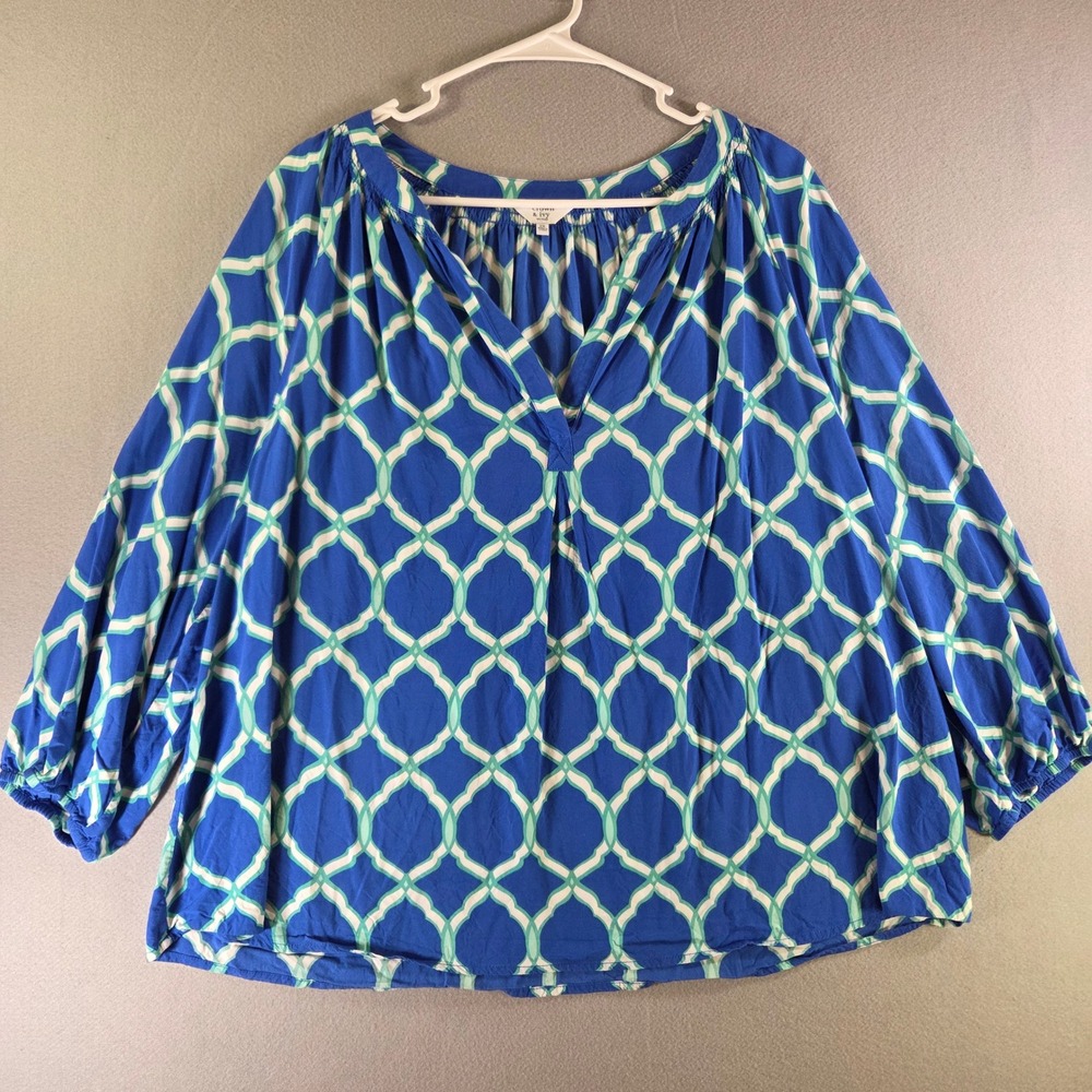 Crown & Ivy Woman 2X Blue Green Geometric Trellis Split Neck Peasant Blouse Top